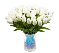 Jrifedptry 30 tulipanes artificiales de tacto real, tulipanes falsos de poliuretano, flores de látex, tulipanes blancos (blanco)
