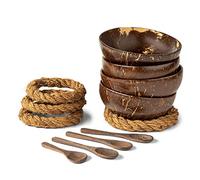 Jrifedptry Con cucharas y soportes: juego de 4 cuencos de cáscara de coco + cucharas de madera y soportes que no se tambalean para ensalada