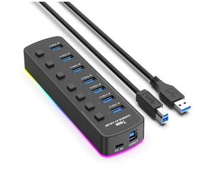 Jrifedptry Hub RGB USB 3.0 7 puertos USB adaptador de puerto USB de 5 Gbps, interruptor individual de encendido/apagado, divisor para juegos, concentrador USB para computadora portátil