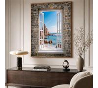 JRISEMECY Sin Marco Cuadros Modernos Azul Marrón Playa Costera Realista Cuadro Decorativos Lienzo Pintura Imágenes Ventana De Piedra Antigua Laminas Decorativas Pared Salon Dormitorio Comedor 30X40Cm