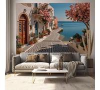 JRISEMECY Tapiz Del Dormitorio Calle De Flores Griegas Paisaje Costero Suave Ligero Para Interiores Exteriores Beige Colgante De Pared Arte De Pared Manta De Playa Paños De Picnic 230X180Cm