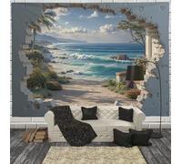 JRISEMECY Tapiz Grande Agujero Rasgado 3D Abstracto, 150X130Cm Tapiz De Pared Arte Mural Paisaje Costero Decorativo Tapices Pared De Tela Para Sala De Estar, Habitación, Dormitorio, Azul Blanco