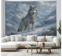 JRISEMECY Tapiz Grande Lobo Feroz De Montaña Nevada, 230X180Cm Tapiz De Pared Arte Mural Animal Salvaje Decorativo Tapices Pared De Tela Para Sala De Estar, Habitación, Dormitorio, Azul Cielo