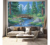 JRISEMECY Tapiz Grande Paisaje Forestal Dibujos Animados, 150X100Cm Tapiz De Pared Arte Mural Puente Madera Río Decorativo Tapices Pared De Tela Para Sala De Estar, Habitación, Dormitorio, Azul-Verde