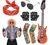 JRJRN Juego de disfraz de rockero gótico punk, 7 piezas, accesorios punk rockstar, disfraz de estrella de rock, guitarra inflable, guantes, gafas y más para fiesta temática, fiesta de carnaval