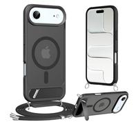 Jrkvniv Funda con Cuerda para iPhone 17 Air con Soporte, Compatible con MagSafe, Carcasa Protectora Fina Antigolpes Translúcida Mate Trasera Case con Ajustable Collar Correa de Cuello Cordón, Negro