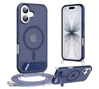 Jrkvniv Funda con Cuerda para iPhone 17 con Soporte, Compatible con MagSafe, Carcasa Protectora Fina Antigolpes Translúcida Mate Trasera Case con Ajustable Collar Correa de Cuello Cordón, Azul