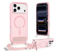 Jrkvniv Funda con Cuerda para iPhone 17 Pro con Soporte, Compatible con MagSafe, Carcasa Protectora Fina Antigolpes Translúcida Mate Trasera Case con Ajustable Collar Correa de Cuello Cordón, Rosa
