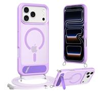 Jrkvniv Funda con Cuerda para iPhone 17 Pro MAX con Soporte, Compatible con MagSafe, Carcasa Protectora Antigolpes Translúcida Mate Trasera Case con Ajustable Collar Correa de Cuello Cordón, Púrpura