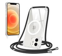 Jrkvniv Magnética Funda con Cuerda para iPhone 12/iPhone 12 Pro Carcasa, Compatible con MagSafe, Transparente TPU Silicona Anti-Choque Antiarañazos Protector Case con Ajustable Correa Colgante, Negro
