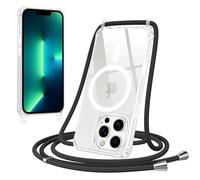 Jrkvniv Magnética Funda con Cuerda para iPhone 13 Pro Carcasa, Compatible con MagSafe, Transparente Delgada TPU Silicona Anti-Choque Antiarañazos Protector Case con Ajustable Correa Colgante, Negro