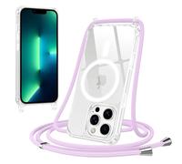 Jrkvniv Magnética Funda con Cuerda para iPhone 13 Pro Carcasa, Compatible con MagSafe, Transparente Delgada TPU Silicona Anti-Choque Antiarañazos Protector Case con Ajustable Correa Colgante, Púrpura