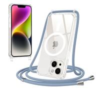 Jrkvniv Magnética Funda con Cuerda para iPhone 14/iPhone 13 Carcasa, Compatible con MagSafe, Transparente TPU Silicona Anti-Choque Antiarañazos Protector Case con Ajustable Correa Colgante, Azul