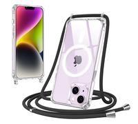 Jrkvniv Magnética Funda con Cuerda para iPhone 14 Plus Carcasa, Compatible con MagSafe, Transparente Delgada TPU Silicona Anti-Choque Antiarañazos Protector Case con Ajustable Correa Colgante, Negro
