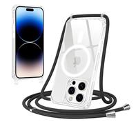 Jrkvniv Magnética Funda con Cuerda para iPhone 14 Pro Carcasa, Compatible con MagSafe, Transparente Delgada TPU Silicona Anti-Choque Antiarañazos Protector Case con Ajustable Correa Colgante, Negro