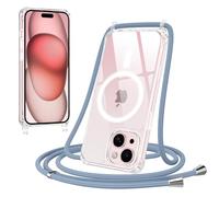 Jrkvniv Magnética Funda con Cuerda para iPhone 15 Carcasa, Compatible con MagSafe, Transparente Delgada TPU Silicona Anti-Choque Antiarañazos Protector Case con Ajustable Correa Colgante, Azul