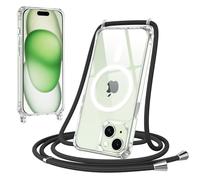 Jrkvniv Magnética Funda con Cuerda para iPhone 15 Plus Carcasa, Compatible con MagSafe, Transparente Delgada TPU Silicona Anti-Choque Antiarañazos Protector Case con Ajustable Correa Colgante, Negro