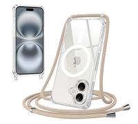 Jrkvniv Magnética Funda con Cuerda para iPhone 16 Plus Carcasa, Compatible con MagSafe, Transparente Delgada TPU Silicona Anti-Choque Antiarañazos Protector Case con Ajustable Correa Colgante, Caqui