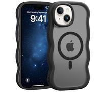 Jrkvniv Magnética Funda para iPhone 15, Compatible con MagSafe, Carcasa Marco de Ondas Forma Rizado Linda, Dorso Translúcida Mate Trasera Antigolpes Antiarañazos Case para Mujeres, Negro