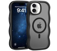 Jrkvniv Magnética Funda para iPhone 16, Compatible con MagSafe, Carcasa Marco de Ondas Forma Rizado Linda, Dorso Translúcida Mate Trasera Antigolpes Antiarañazos Case para Mujeres, Negro