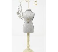 JRose Collections Elegante maniquí de 38 cm, tela gris vintage con diseño de lunares y base de madera marfil, organizador de collares, pulseras, anillos y pendientes