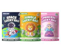 JRose Collections Juego de 3 bolsas de la suerte para niños, bolsas de espacio, selva y princesa con 8 sorpresas cada una, juguetes, juegos, manualidades, calcomanías y hojas de actividades, rellenos