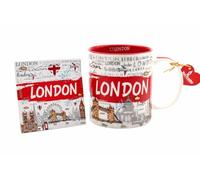 JRose Collections Juego de taza y posavasos de recuerdo de Londres de 350 ml, taza de café de viaje de cerámica con posavasos cuadrados a juego, diseño icónico de monumentos de Londres, en caja de