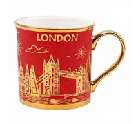 JRose Collections London Souvenir - Taza de porcelana fina de 300 ml, diseño de horizonte rojo y dorado, taza de té y café de cerámica con mango dorado metálico, taza coleccionable de London Landmarks