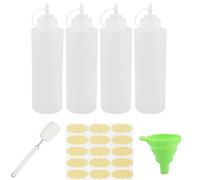 JRSHIRLEYLTD 4 botellas de plástico para apretar con tapas, juego de botellas de especias reutilizables con 1 taza de pincel, 1 embudo y 1 pegatina de papel kraft para pintar, hornear