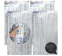 JRSHIRLEYLTD 4 cortinas de oropel de Año Nuevo, plateadas con purpurina, con 12 pegatinas, cortinas metálicas para fiestas, fondo fotográfico, serpentinas, decoración para Nochevieja 2025, Navidad,