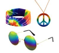 JRSHIRLEYLTD Set de accesorios hippie de 3 piezas, accesorios de ropa hippie, incluye diadema, collar, gafas de sol, para fiesta, cumpleaños, disfraces, adolescentes, aficionados y adultos.