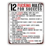 JRXFXEKW Funny Metal Sign 12 Golden Rules Of Success Vintage Tin Wall Hanging For Home Bar Cafe Kitchen Garage Room 8 X 12 inch