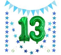 Jrzyhi Globo de cumpleaños XXL verde gigante en 32 pulgadas 13 años decoración verde número 13 Happy Birthday Globo con pancarta de purpurina bandera triangular para boda aniversario fiesta decoración