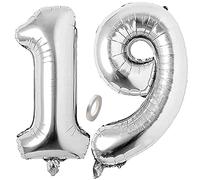 Jrzyhi Globos con número 19 para cumpleaños de plata, globo gigante con número 19 de helio, número grande XXL número 19. Happy Birthday 19 años, globos gigantes para cumpleaños, bodas, fiestas100 cm