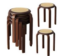 JS Ellie Juego de taburetes Redondos Retro, apilables y almacenables, Estructura de Madera Maciza y Material de ratán, Estable y con Capacidad de Carga de 300 kg A 6-Piece Set