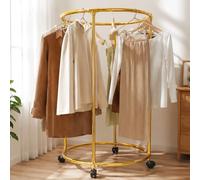 JS Space Perchero Redondo Giratorio 360° con Ruedas, Burro para Ropa Metálico de Gran Capacidad, para Dormitorio, Vestidor, Lavandería y Tienda de Ropa gold