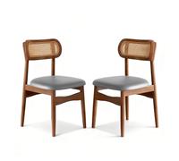 JS Space uego 2 de Sillas de Comedor Madera Maciza Sillas de Cocina con Respaldo Ratán Sillas Rústica Tapizado en Cuero PU para Cafetería Restaurante Walnut+Dark Gray(Leather) 2pcs