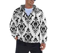 JSCWDET Cazadora Hombre Invierno Forro Polar,Patrones Clásicos Europeos Abrigo Con Capucha Cremallera Termica, Flores Diseños De Enredaderas Oversize Bomber Montaña,Negro