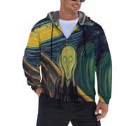 JSCWDET Estilo De Pintura Al Óleo Hombre Chaqueta Invierno Abrigo Forro Polar Cremallera Completa,Miedo Rostro Humano Cazadora Sudadera Termica Fleece Casaca Jacket Chamarra (Amarillo,S-5Xl)