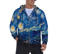 JSCWDET Sudadera Con Capucha Para Hombres Engrosada Estilo De Pintura Al Óleo,Cielo Nocturno Estrellas Y Luna Elementos Un Pueblo Chaqueta De Invierno De Lana Térmica Sudadera Con Capucha
