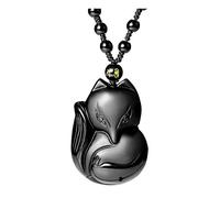 JSDDE Collar con colgante de zorro tallado a mano de cristal de obsidiana negra, cristales de protección de la suerte, joyería