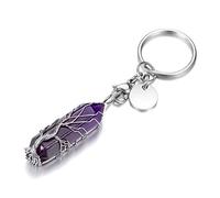 JSDDE Llavero de piedra de cristal curativo, plateado con diseño de árbol de la vida, envuelto en alambre, hexagonal, con puntos de cristal, amatista, Taille unique