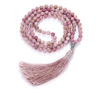 JSDDE Pulsera de 108 cuentas de oración Mala, cristales naturales de rodocrosita, collar de meditación con borla