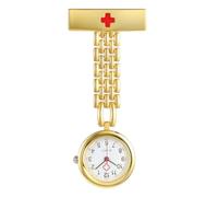 JSDDE - Reloj de enfermeras de acero inoxidable con broche de bolsillo para médicos, correa de malla números árabes gravar cruz roja con alfiler de seguridad, regalo para personal médico, dorado