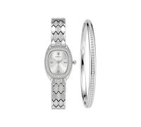 JSDDE - Reloj y pulsera para mujer, lote de luxy reloj de cuarzo de metal de acero brillante con diamantes de imitación de plata, esfera blanca, caja de barril y pulsera fina pavimentada con diamantes