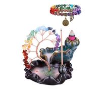 JSDDE - Soporte para incienso con árbol de cristal, 7 chakras, lote de quemador de incienso cascada de cerámica con pulsera de árbol de la vida, piedras naturales, quemador de reflujo, decoración de