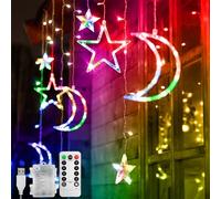 Jsdoin Cadena de Luces LED 3,5 m Estrella Luna Luces de Cortina LED con 8 Modos Intermitentes Decoración para Navidad, Boda, Fiesta, Hogar, Terraza, Ramadán, Césped (B - Multicolor)