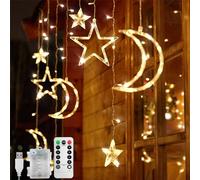 Jsdoin Ramadán Cadena de Luces LED 3,5 m Estrella Luna Luces de Cortina LED con 8 Modos Intermitentes Decoración para Navidad, Boda, Fiesta, Hogar, Terraza, Ramadán, Césped (B - (Blanco Cálido))