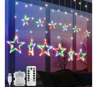 Jsdoin Cortina de luces con 12 Estrella, Guirnalda Luces de Navidad Decorativas 2.5m 138 LED, 8 modos de parpadeoLuces De Cortina De Ventana Blanco Calido, Decoración Para La Navidad (A - Multicolor)