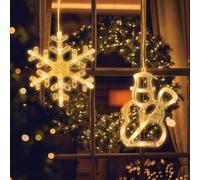 Jsdoin Luces de Navidad, Copo de Nieve y Muñeco de Nieve LED Cortina Luces a Pilas, Temporizador, Luces de Ventana para Navidad Decoracion, Fiesta, Boda, Bar(Blanco Calido)